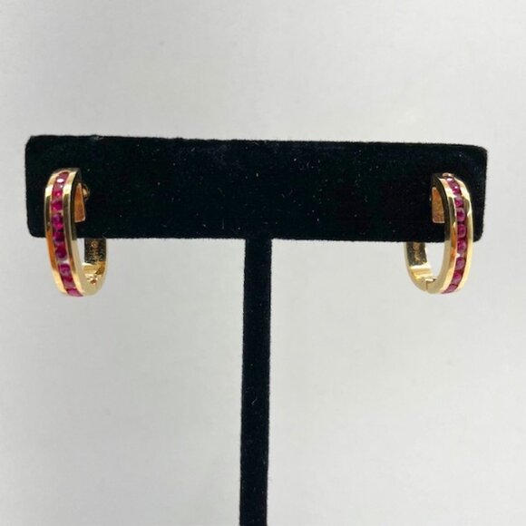Gorgeous Channel Set Ruby Gemstones in 14K Gold Huggie Style Hoop Earrings